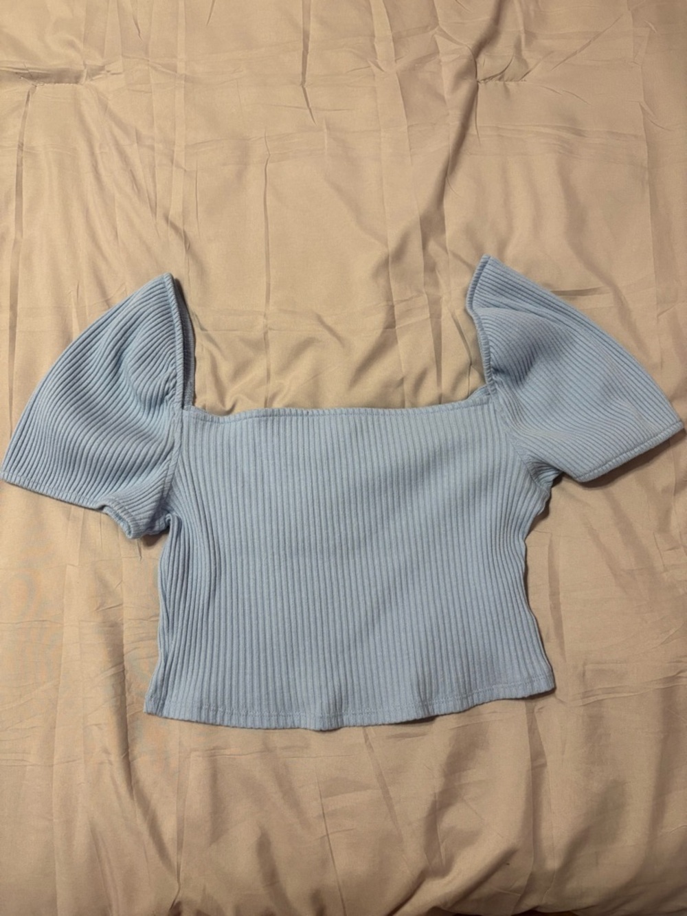 H&M Light Blue Ribbed Square-Neck Puff Sleeve Crop Top